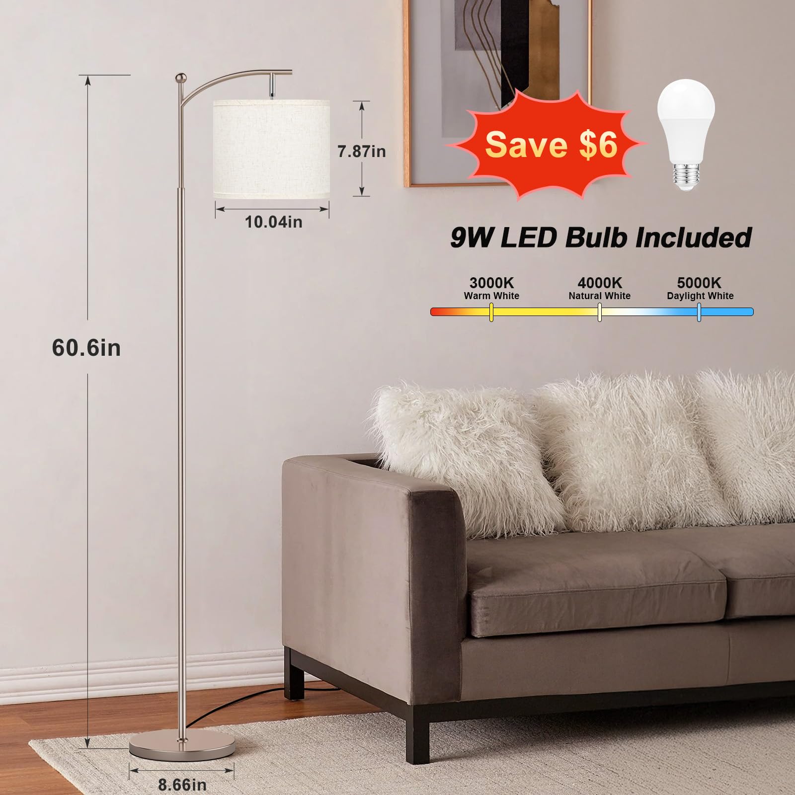 Ambimall beige shade floor lamp offers warm to neutral light for relaxing spaces.