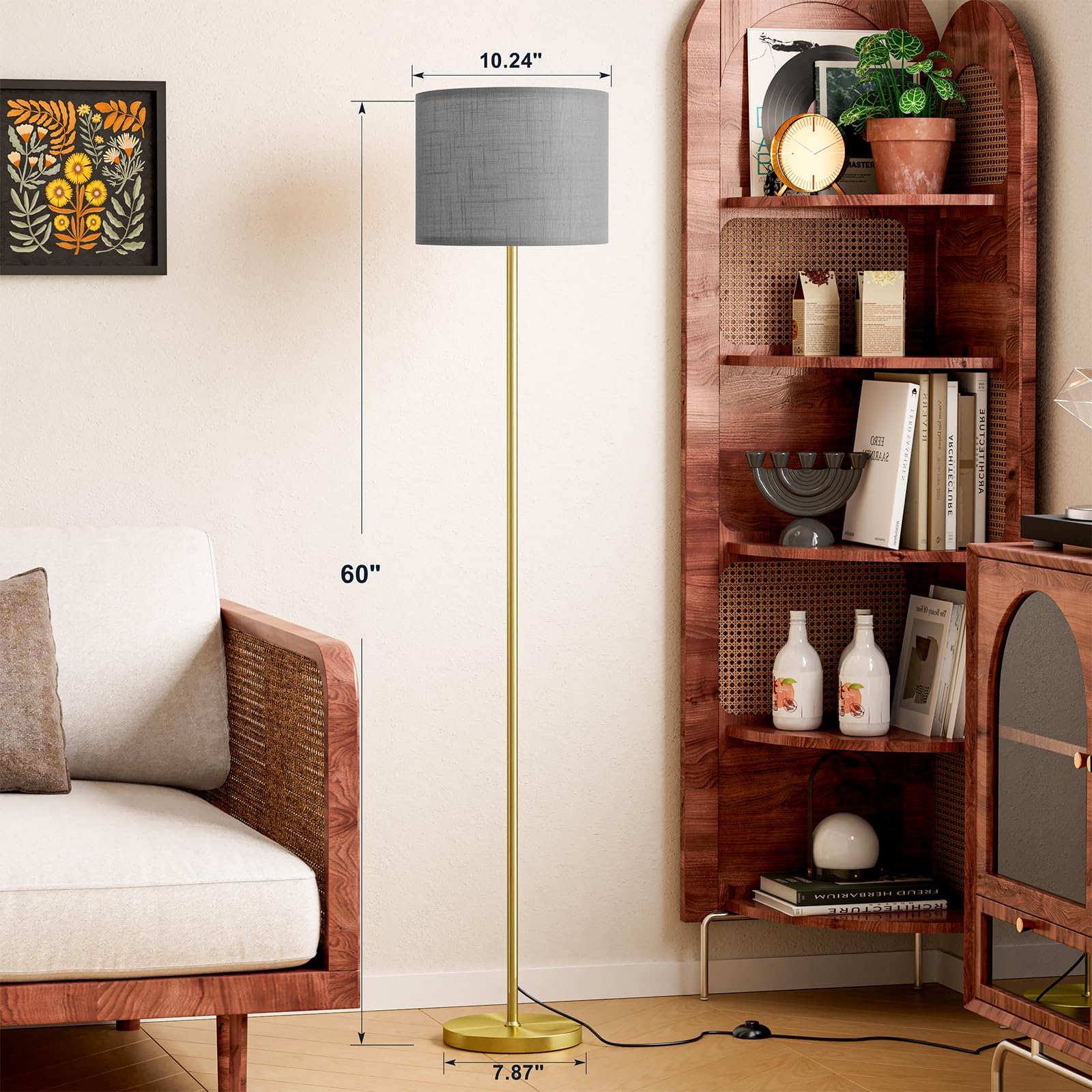 Brushed gold pole detail on the Ambimall lamp complements modern decor.