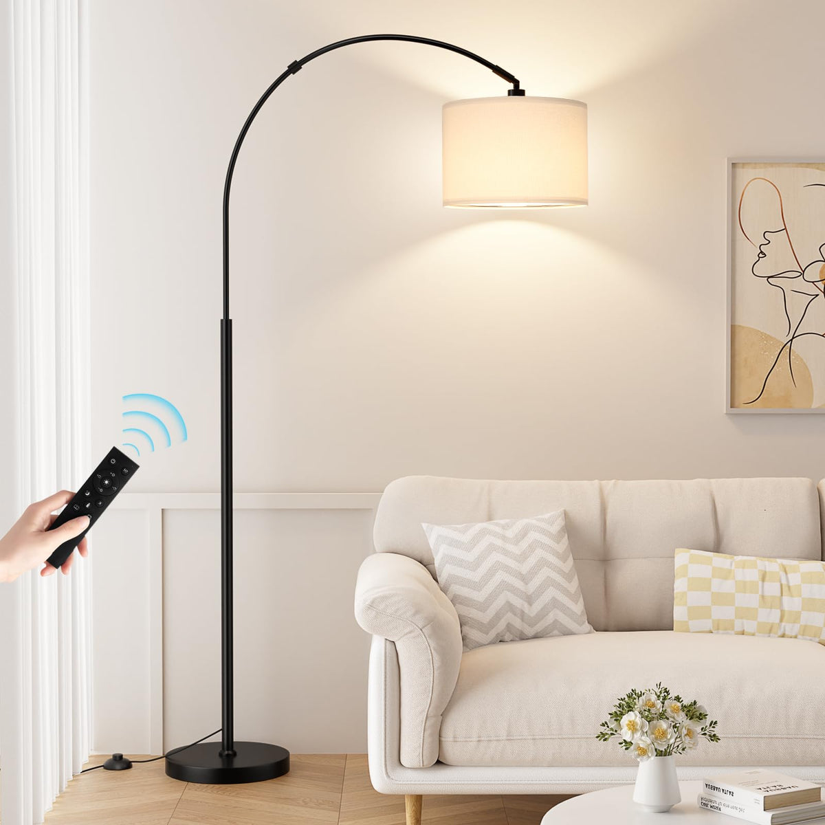 Ambimall dimmable arc floor lamp with remote enhances living room lighting.