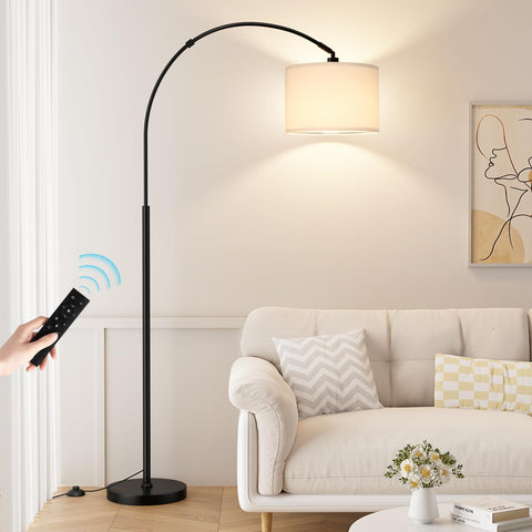Ambimall dimmable arc floor lamp with remote enhances living room lighting.