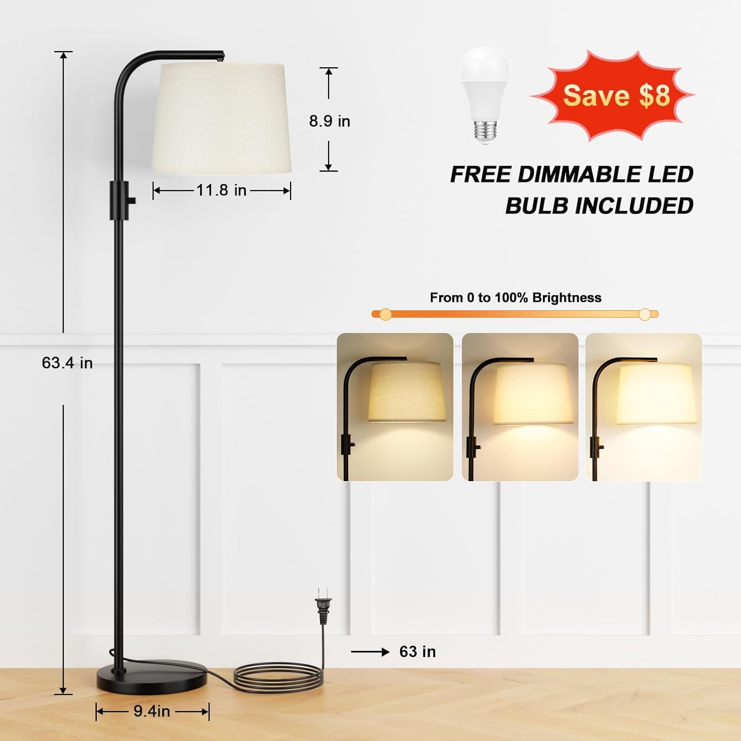 Ambimall floor lamp adjustable head with 270/90 degree rotation for precise lighting
