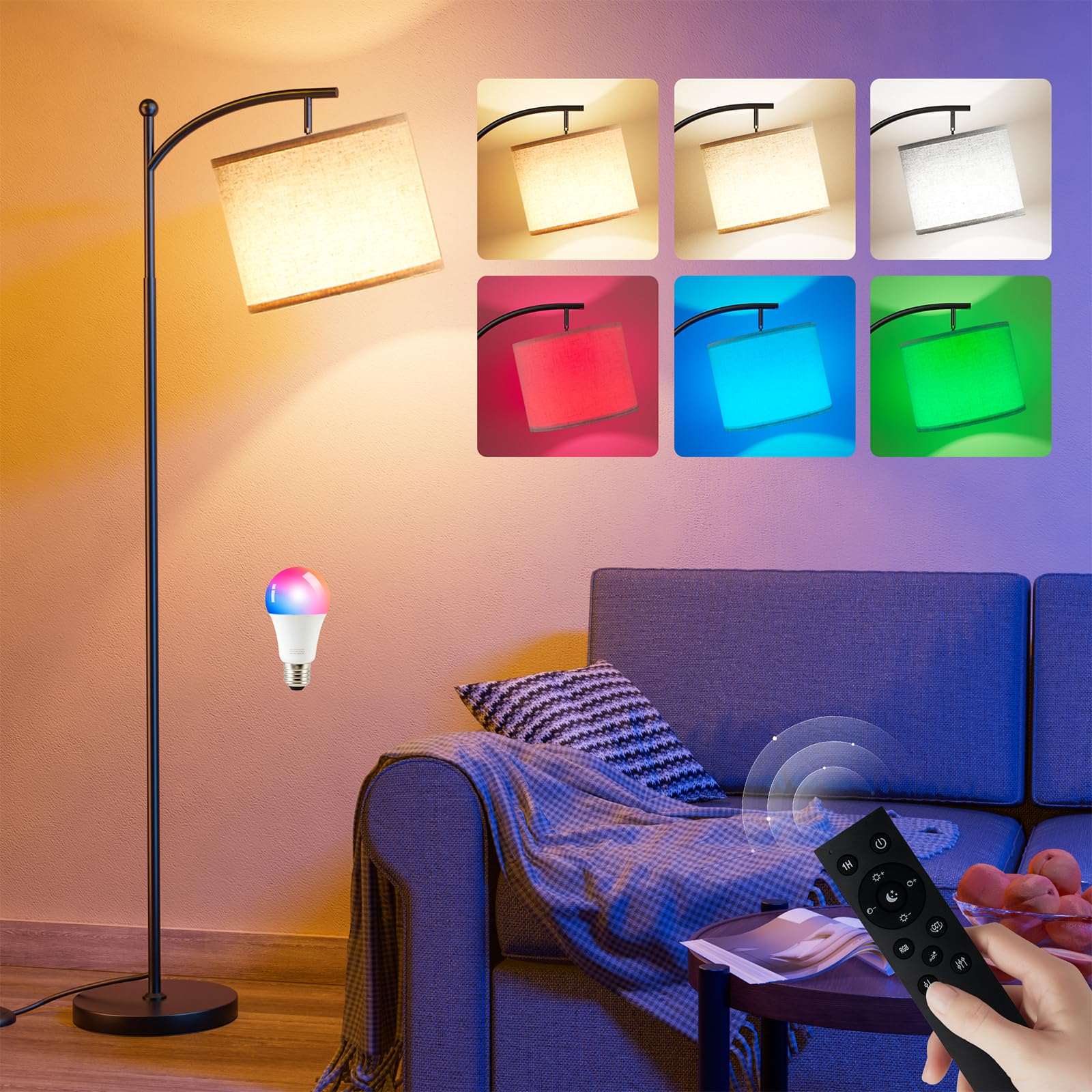 Ambimall floor lamp with beige shade and RGBW light for versatile ambiance.