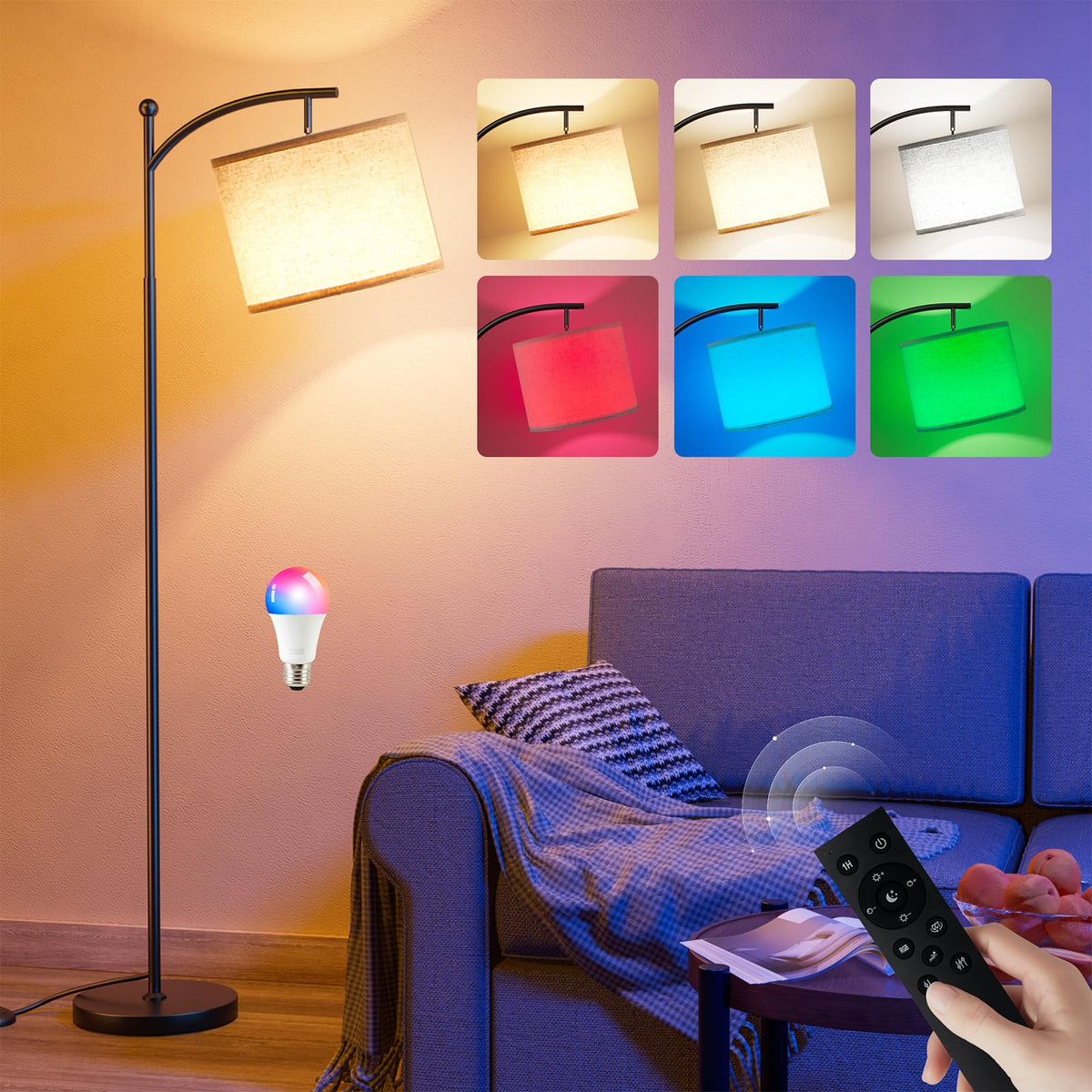 Ambimall floor lamp with beige shade and RGBW light for versatile ambiance.