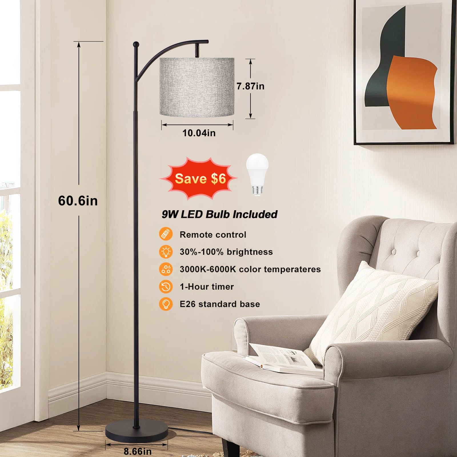 Ambimall floor lamp adjustable color temperature for warm to cool ambience.