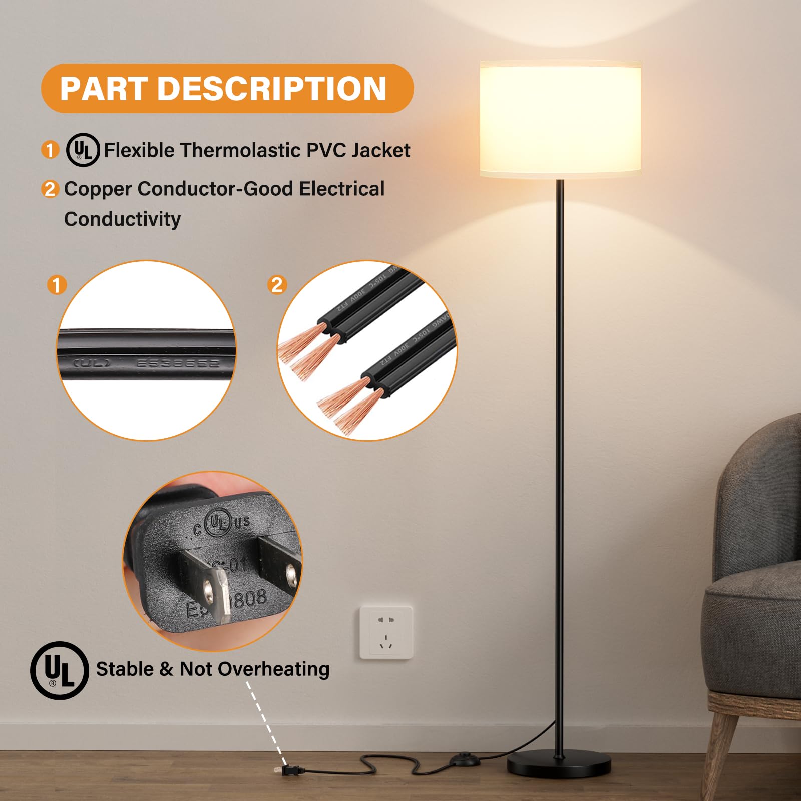 Ambimall floor lamp compatible with E26 bulbs for warm ambient glow.