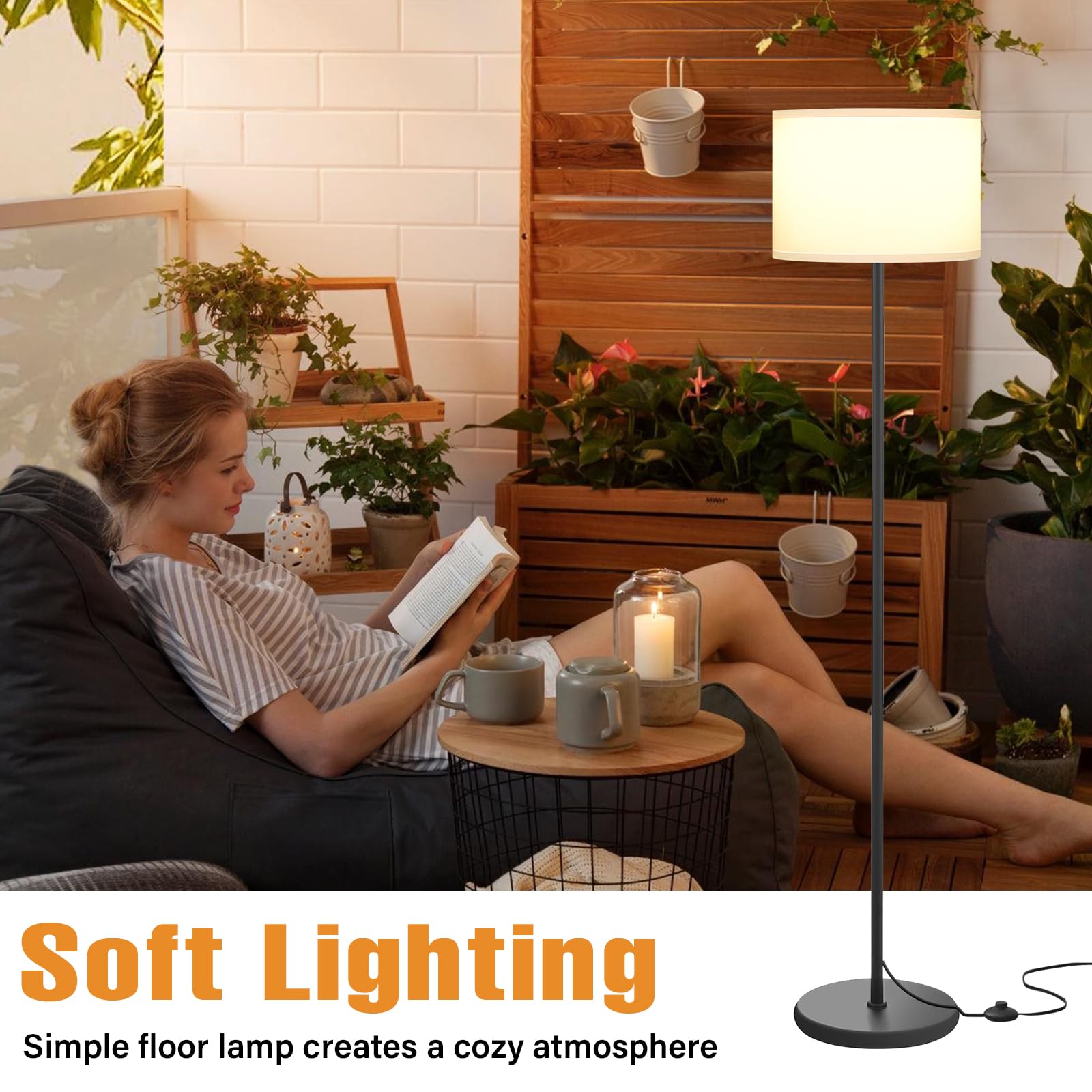 Ambimall easy-assembly floor lamp shown with quick steps and tools-free setup.