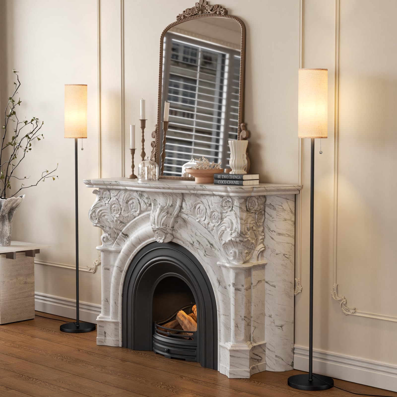 Ambimall floor lamp with linen shade and black pole for modern interiors.