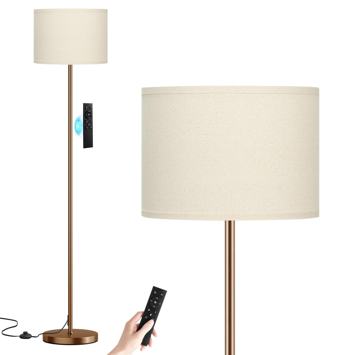 Ambimall floor lamp with beige lampshade and brown pole offers versatile ambient lighting.