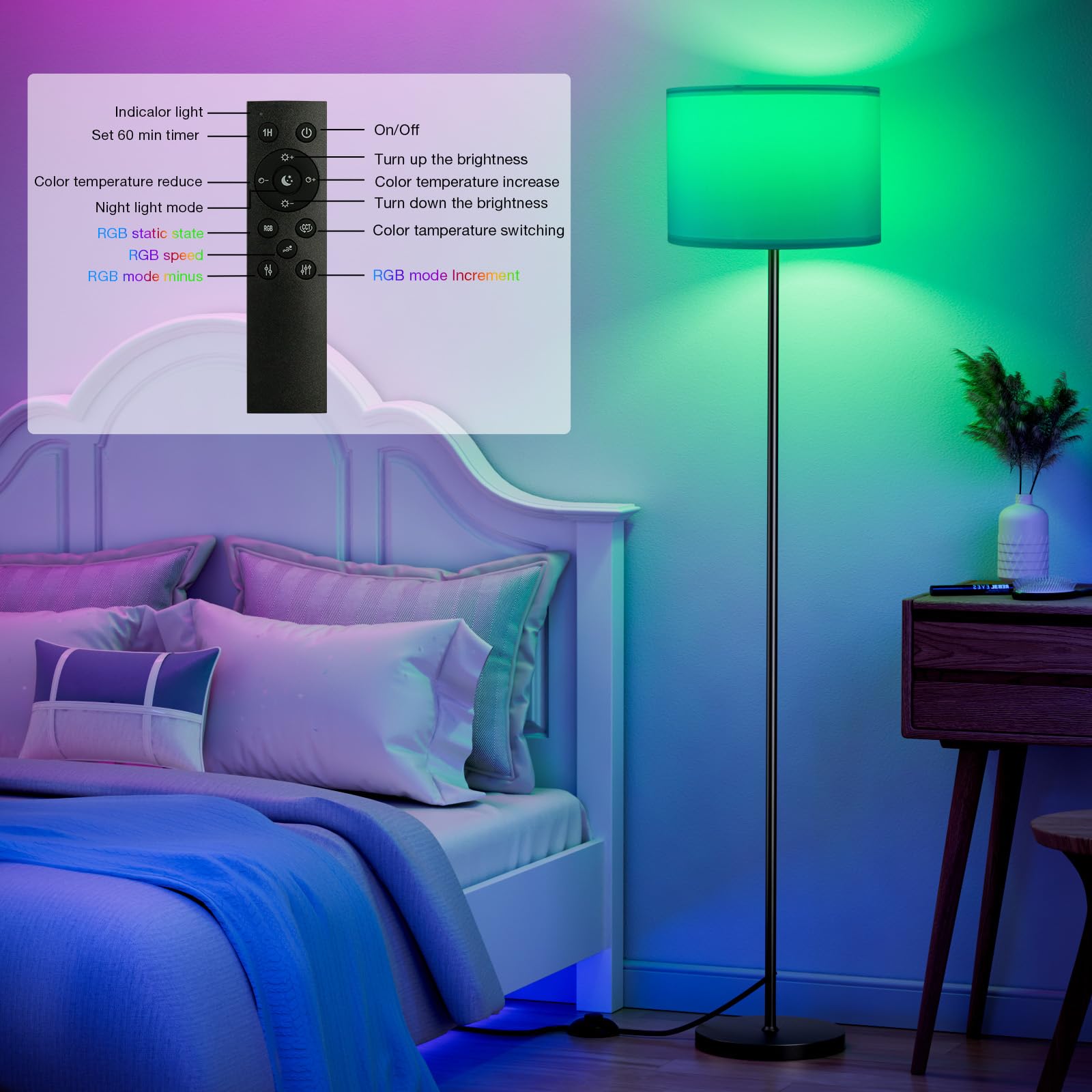 Ambimall floor lamp features magnetic remote for convenient access.