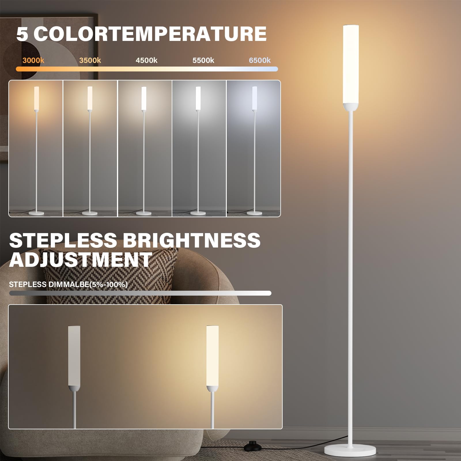 Ambimall standing lamp shows bright, even light for focused work.