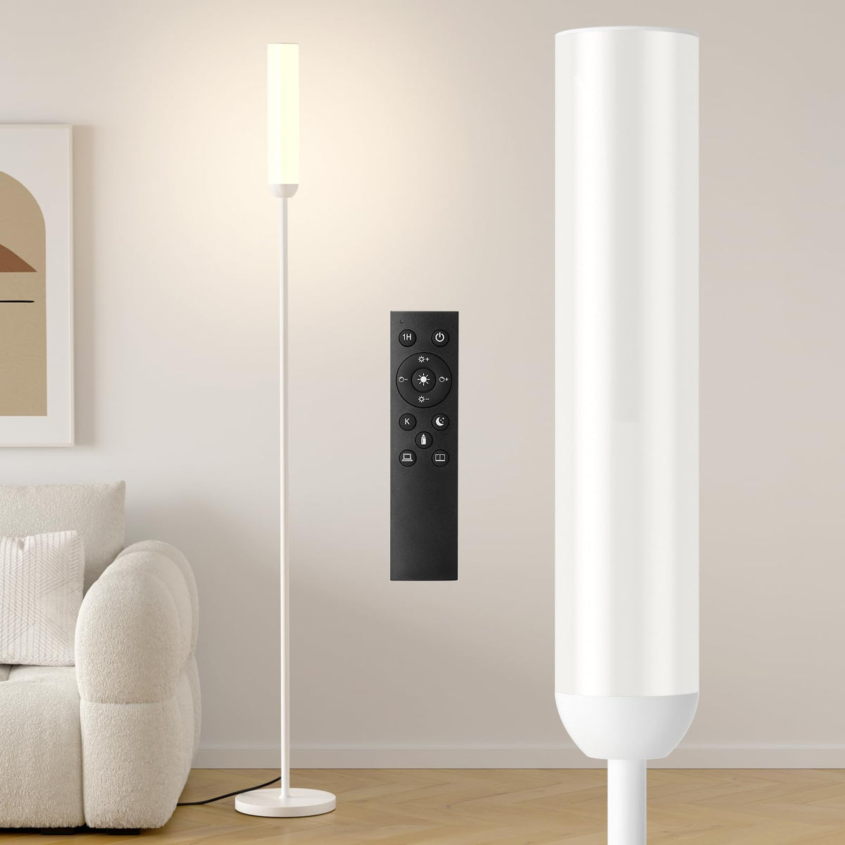 Ambimall LED floor lamp with remote control illuminates living rooms for relaxed evenings.