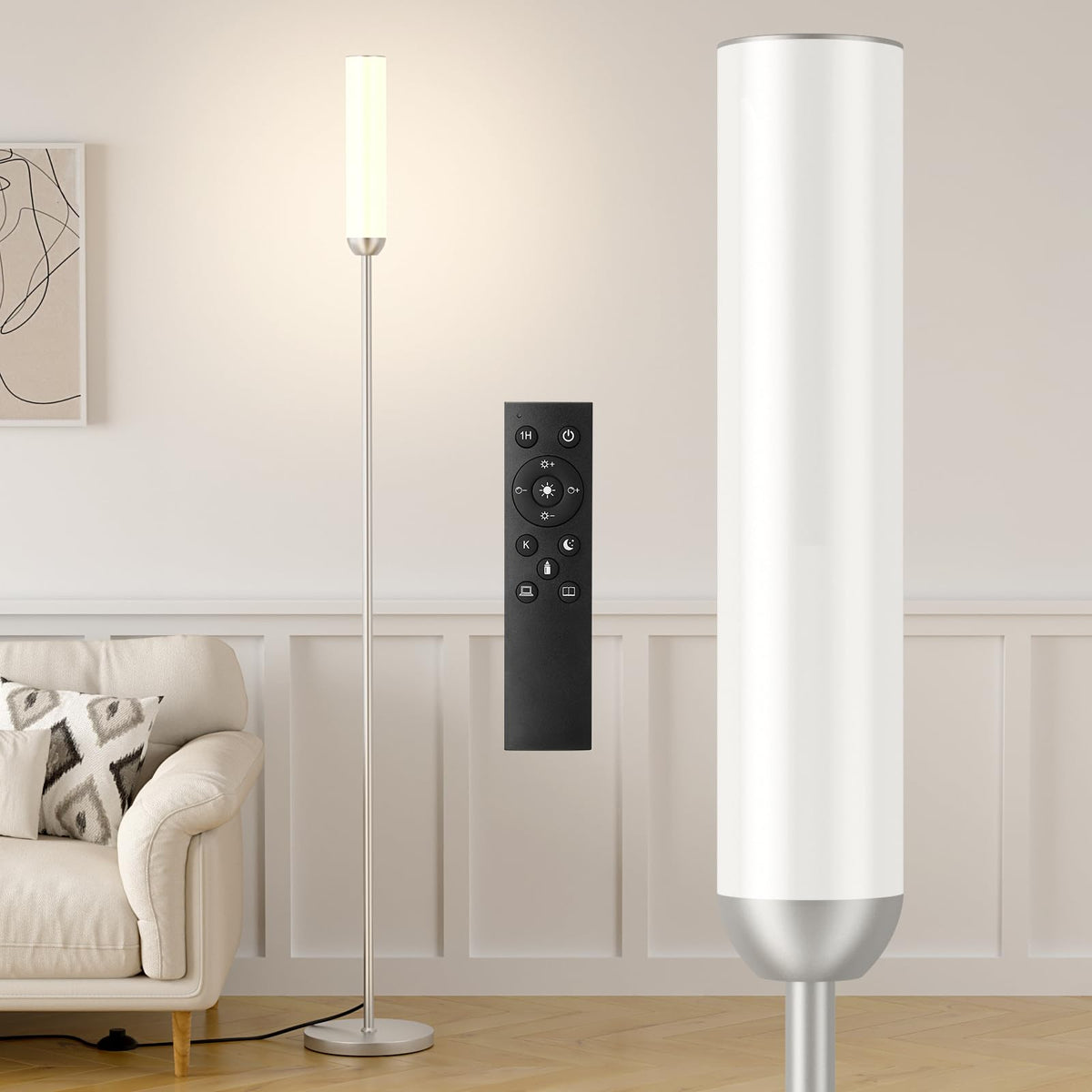 Ambimall LED Floor Lamp with remote control for effortless lighting adjustment.