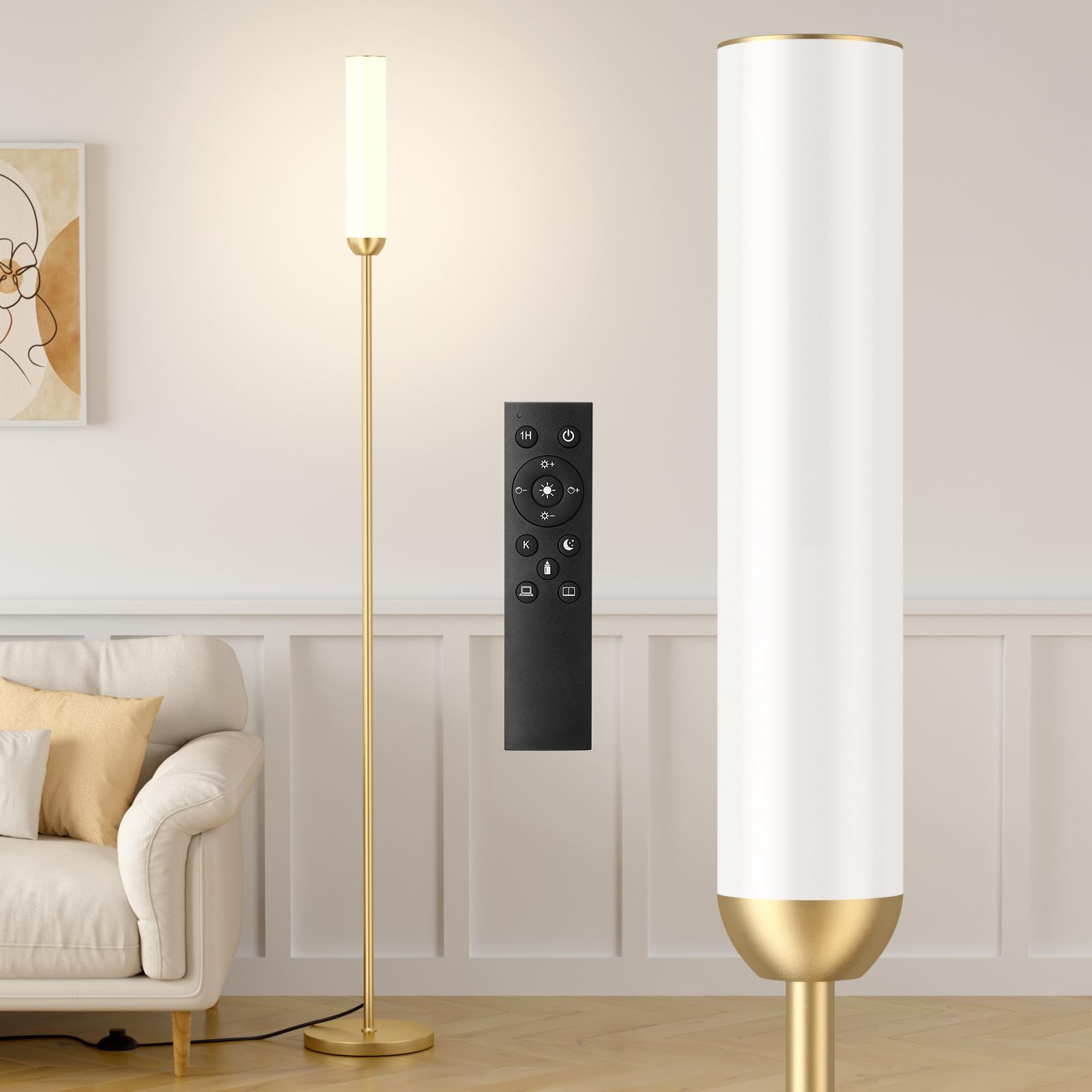 Ambimall LED floor lamp with remote in gold finish for versatile living room lighting