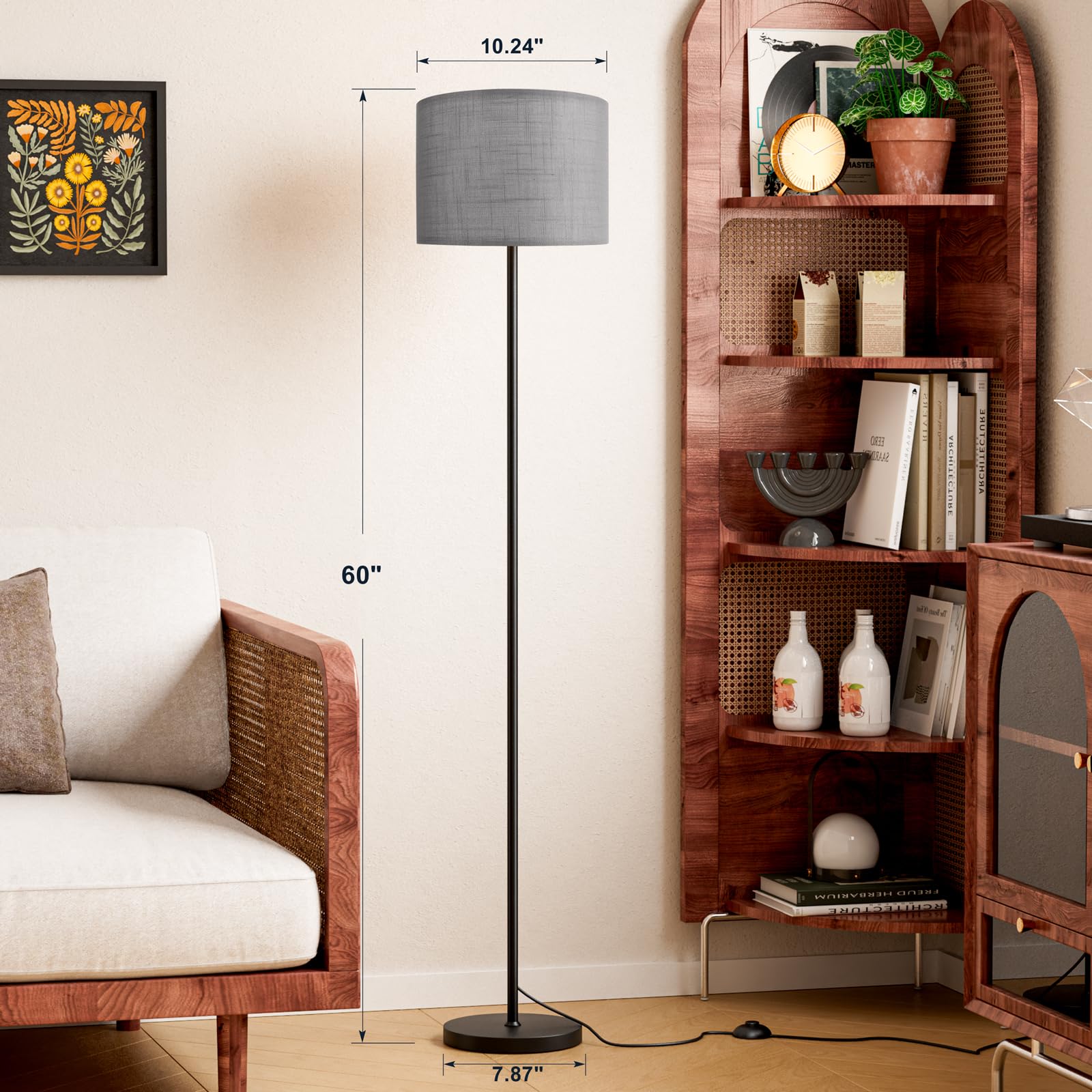 Ambimall linen grey shade with black pole lighting a modern living room.