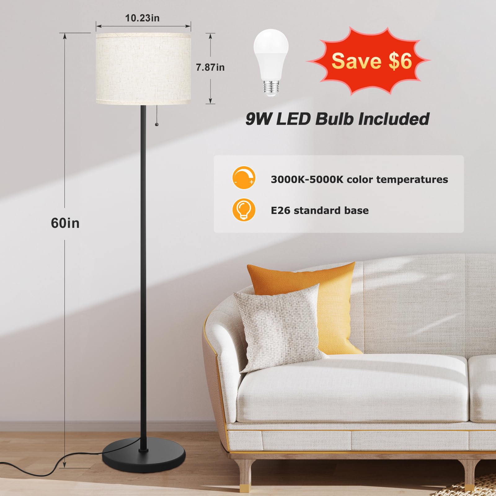 Ambimall modern floor lamp with black pole fits contemporary decor