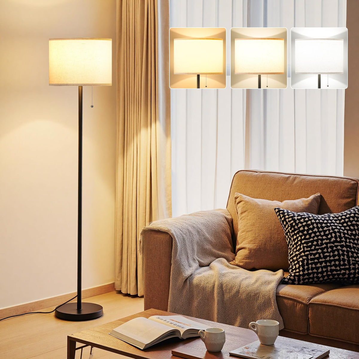 Ambimall floor lamp with beige shade for warm living room lighting