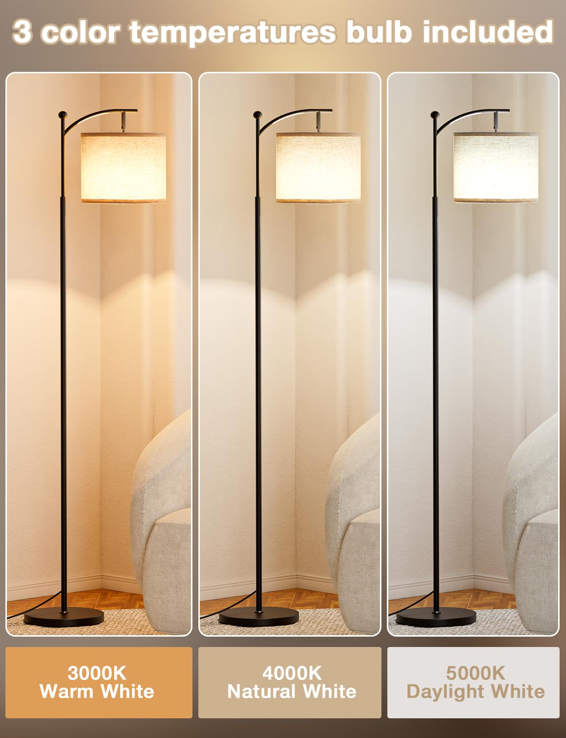Ambimall tall floor lamp showing three color temperatures for flexible mood lighting, bulb included