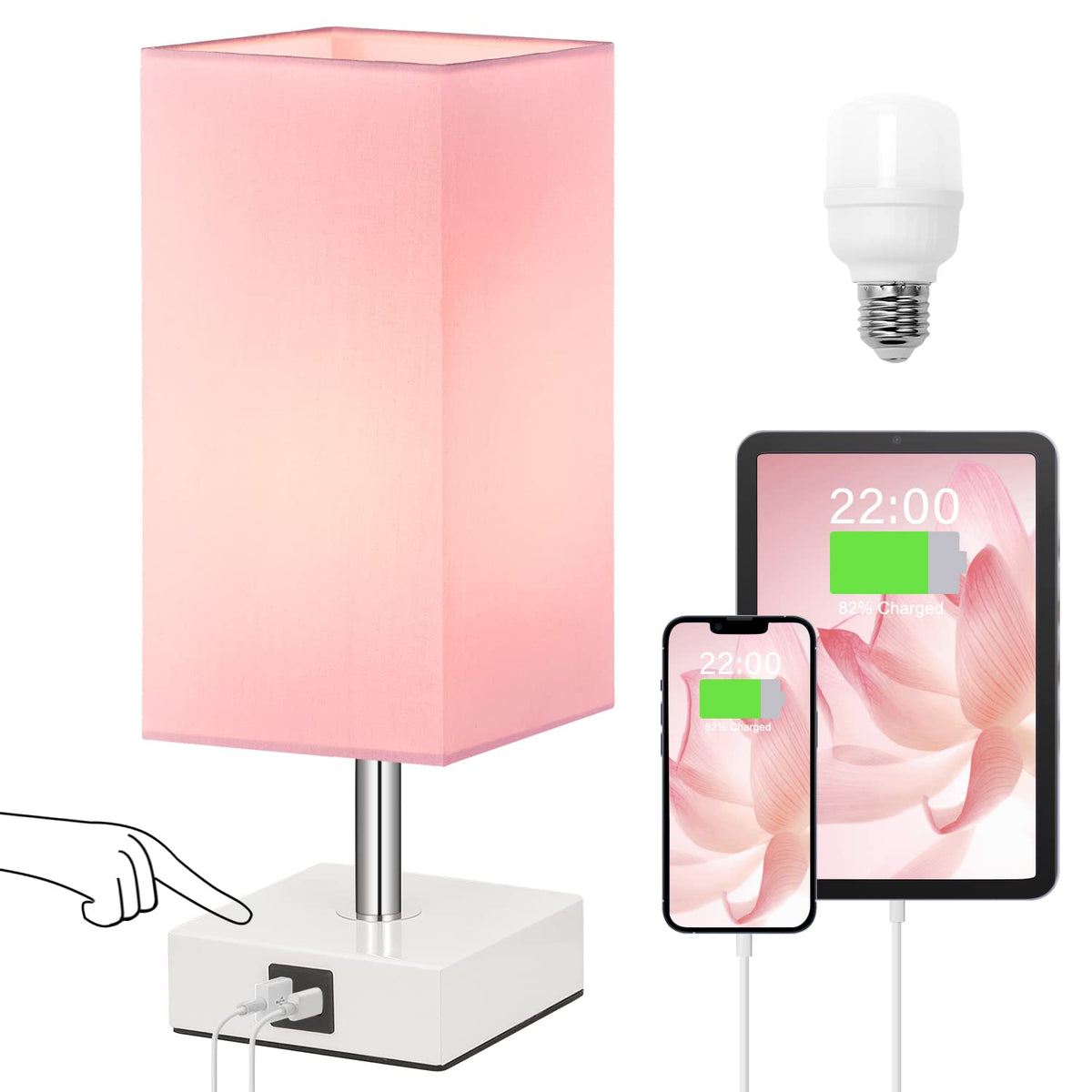 Ambimall touch-control lamp with pink shade, adjustable brightness.