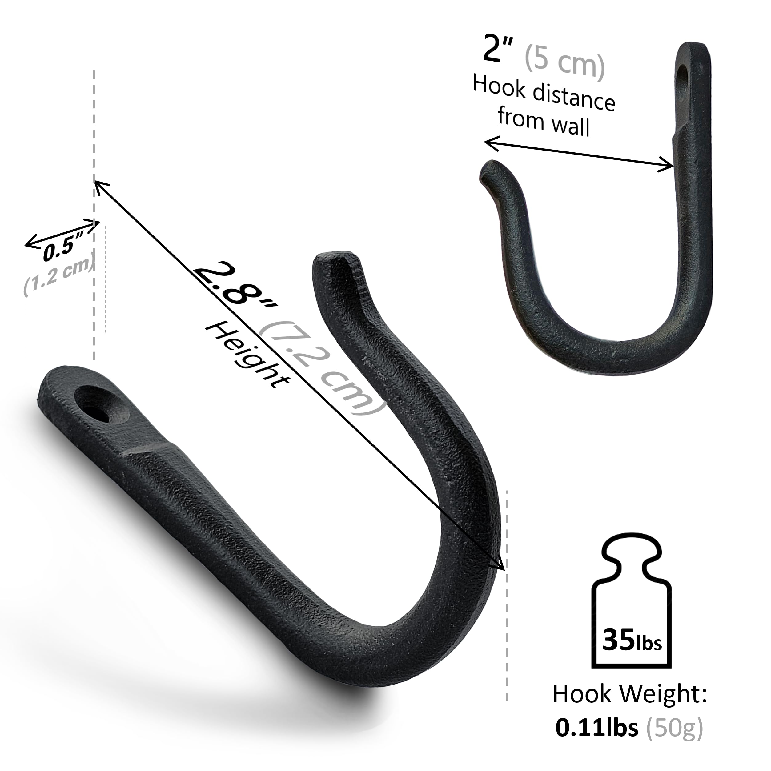 Ambipolar heavy-duty cast iron hook close-up shows durable construction.