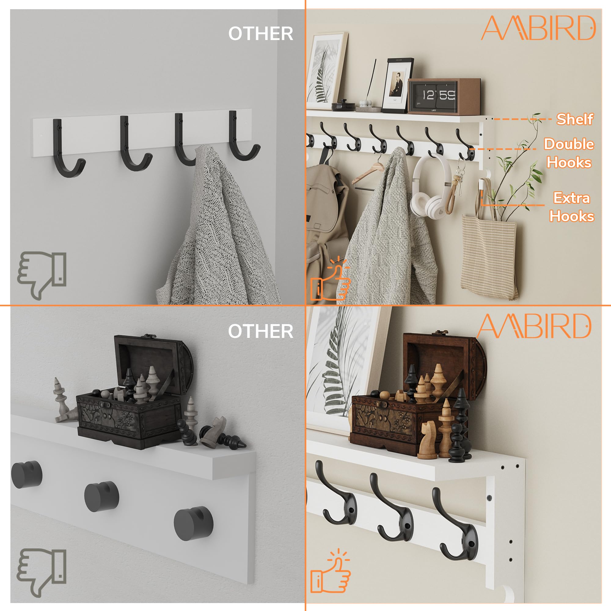 Ambird two side hooks for hats, keys, or small items.