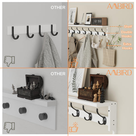 Ambird two side hooks for hats, keys, or small items.