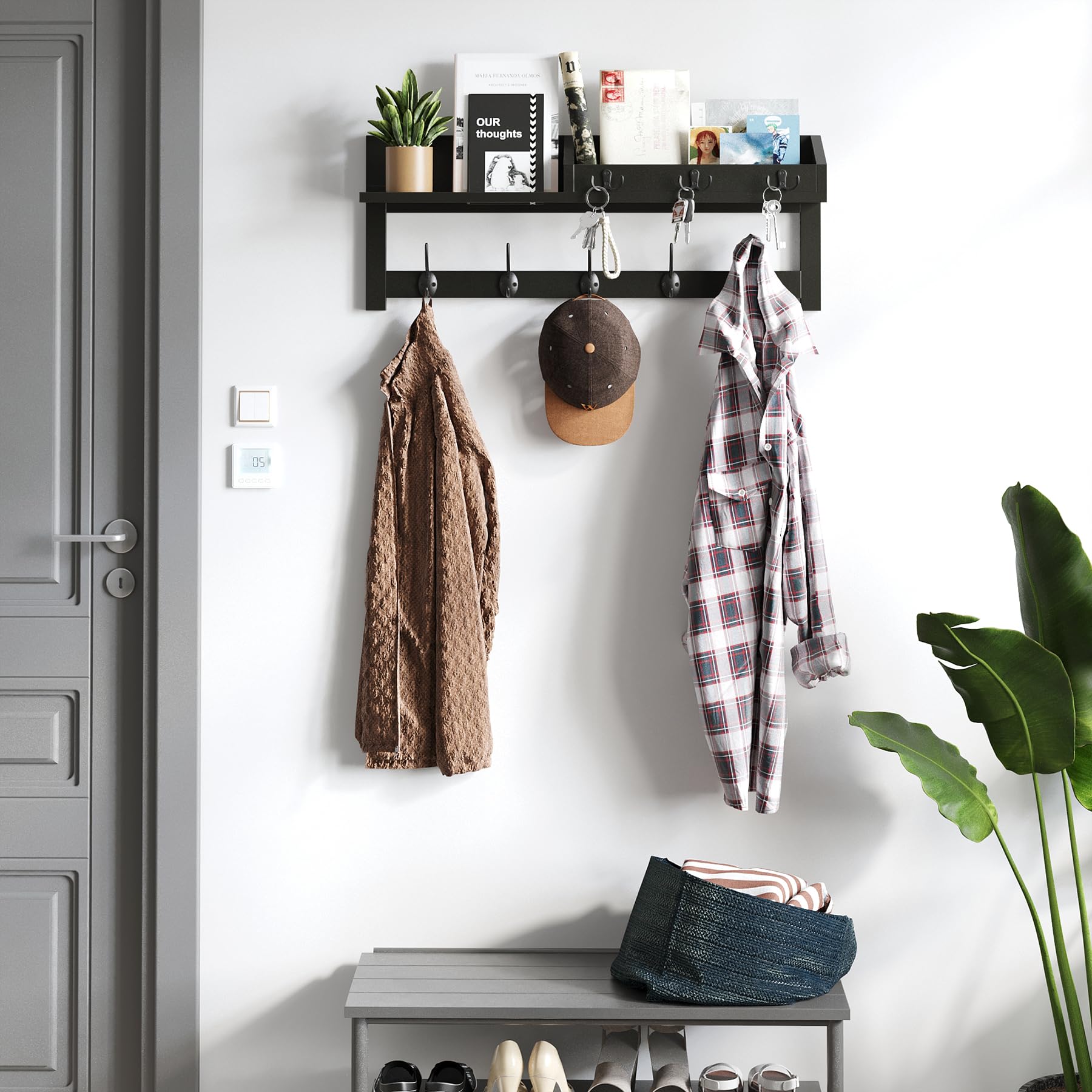 AMBIRD wall hooks with shelf three-key hooks provide quick access.