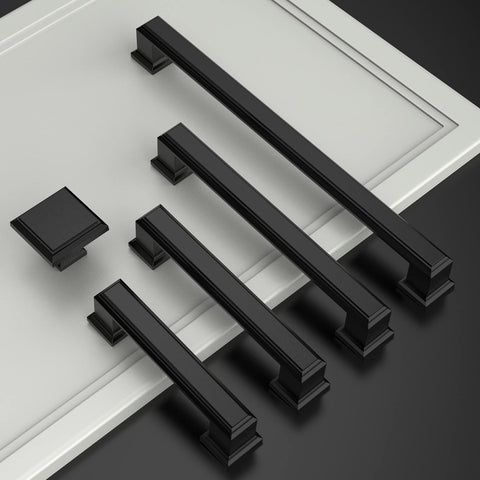 Amerdeco 10-pack matte black cabinet pulls in packaging showing protected delivery.