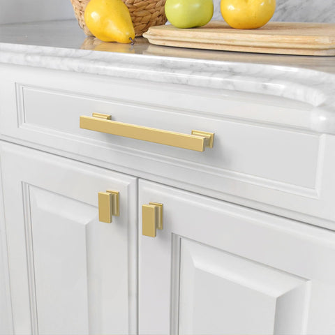 Rectangular brushed gold knob by Amerdeco elevates dresser drawers with a sleek look.