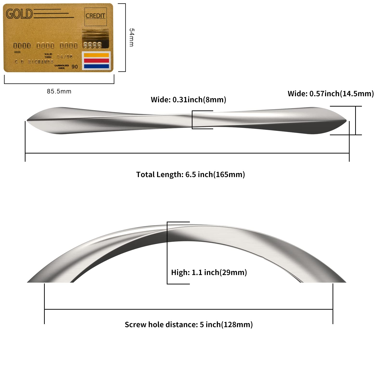 Brushed satin nickel sheen highlights the pull’s curves