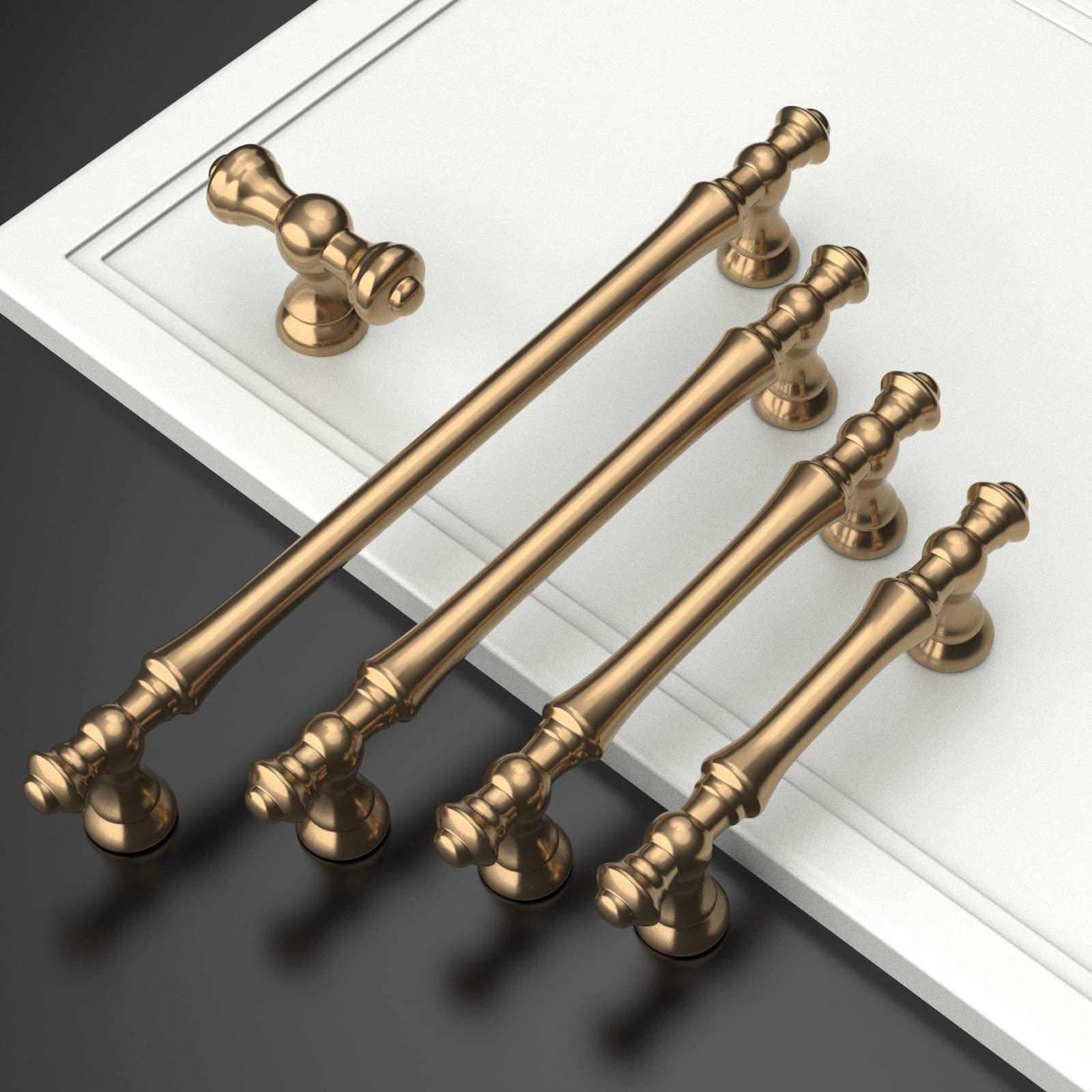 Amredeco champagne bronze cabinet pulls, close-up finish, showing smooth edges and refined detailing.