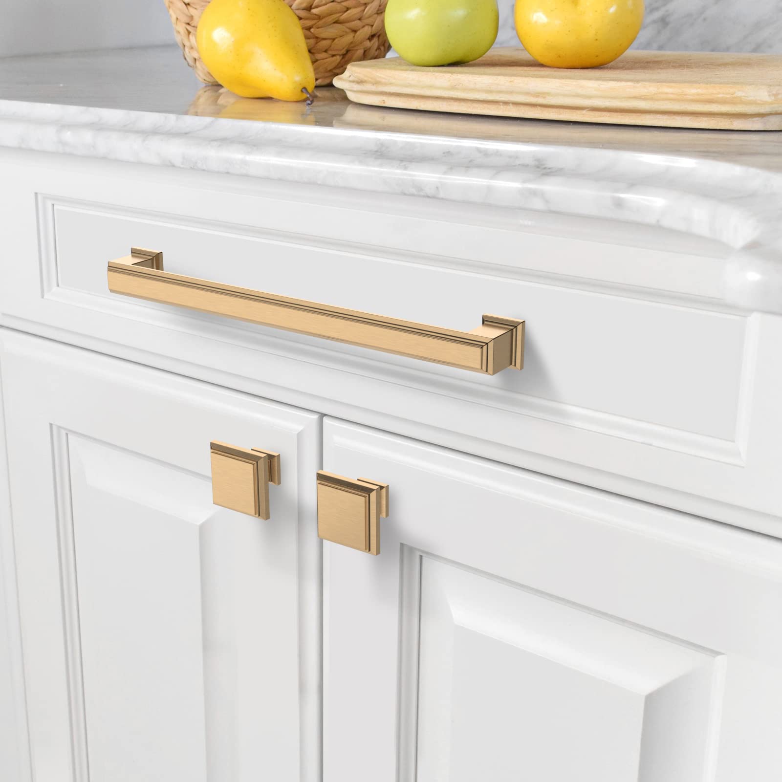 Amerdeco champagne bronze pull on a drawer demonstrates easy installation.