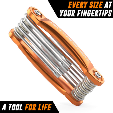 AMERICAN MUTT TOOLS folding storage keeps the set neatly organized in a toolbox or pocket