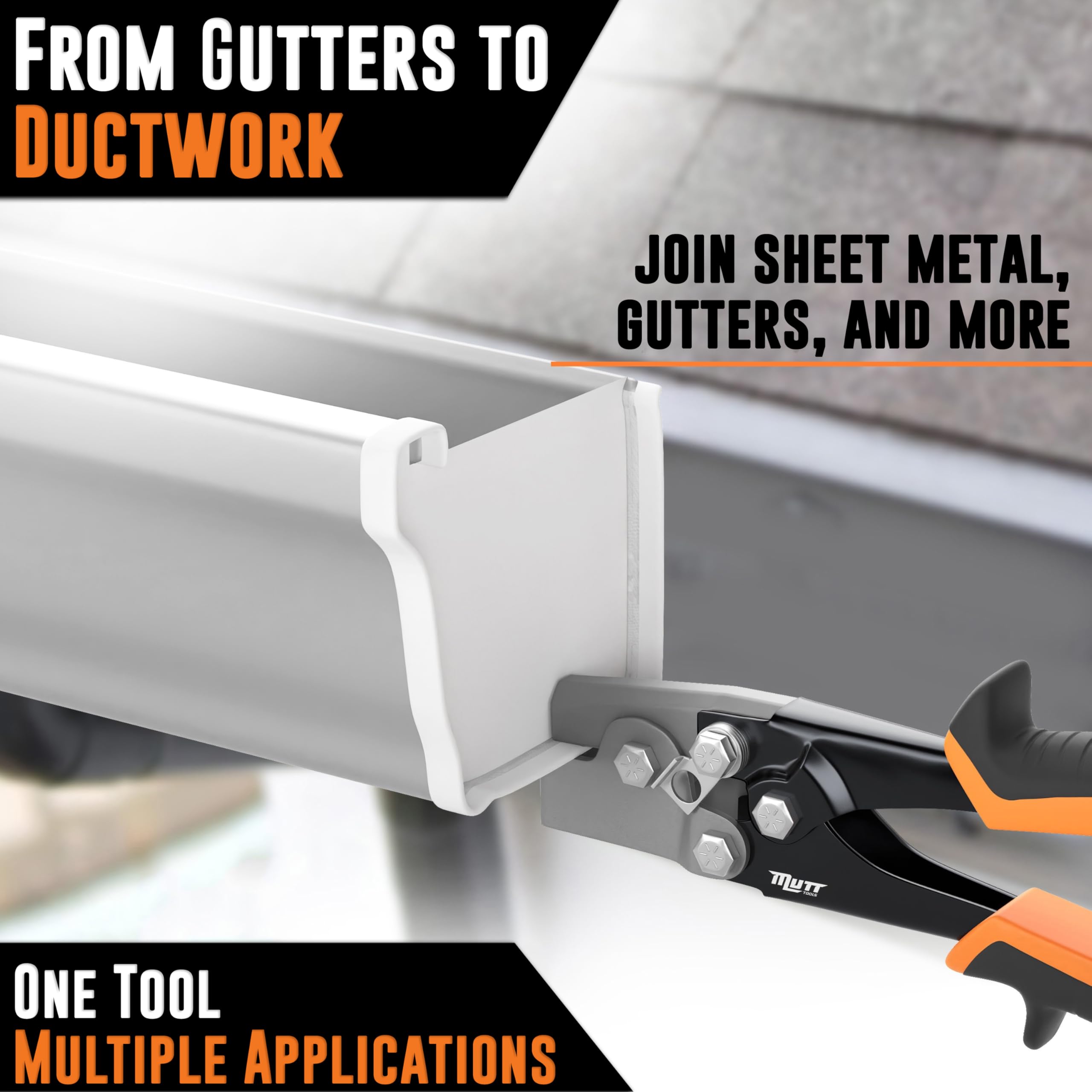 AMERICAN MUTT TOOLS snap lock punch on ladder demonstrates secure handling during gutter work.