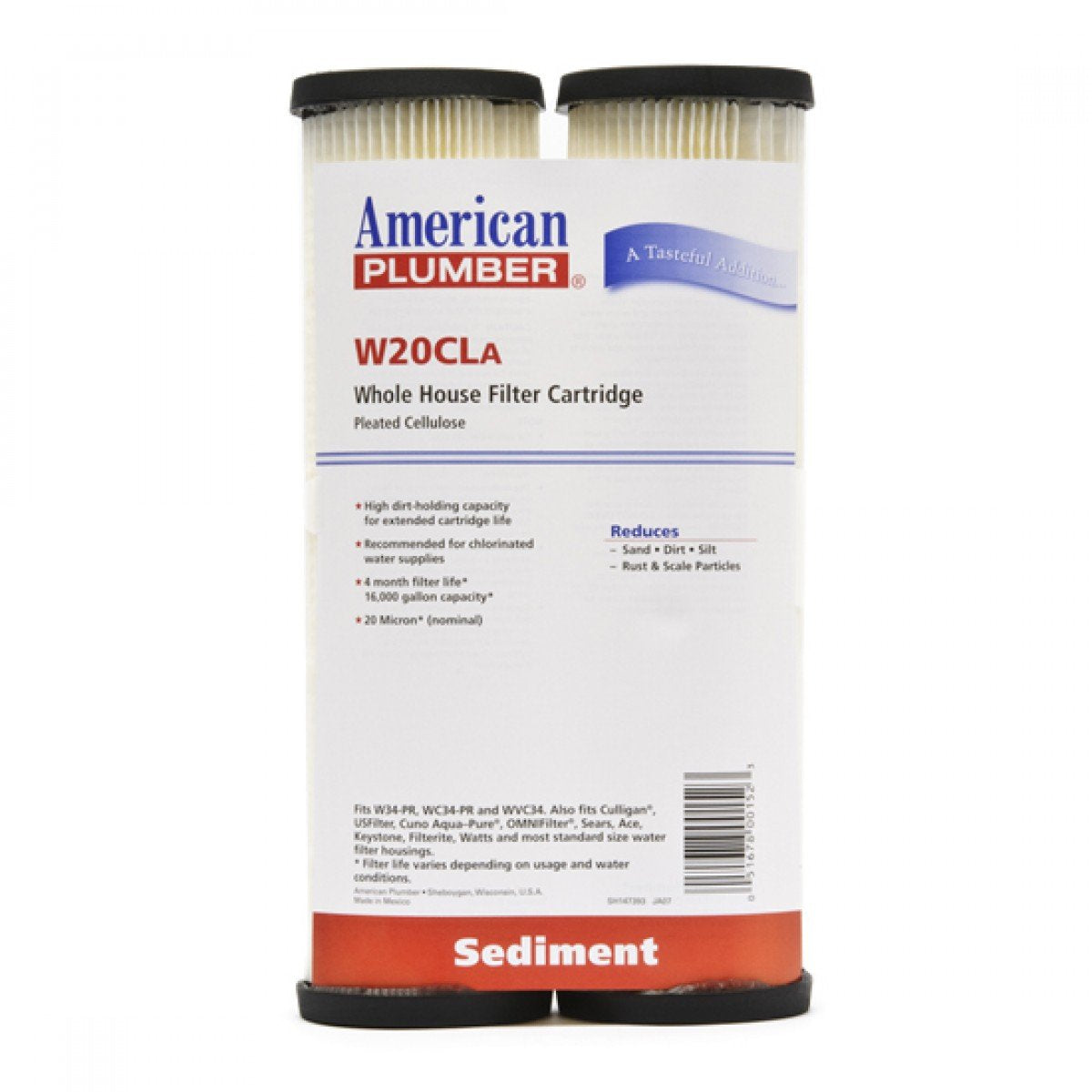 American Plumber W20CLA sediment filter cartridge for whole-house use, keeps water clearer