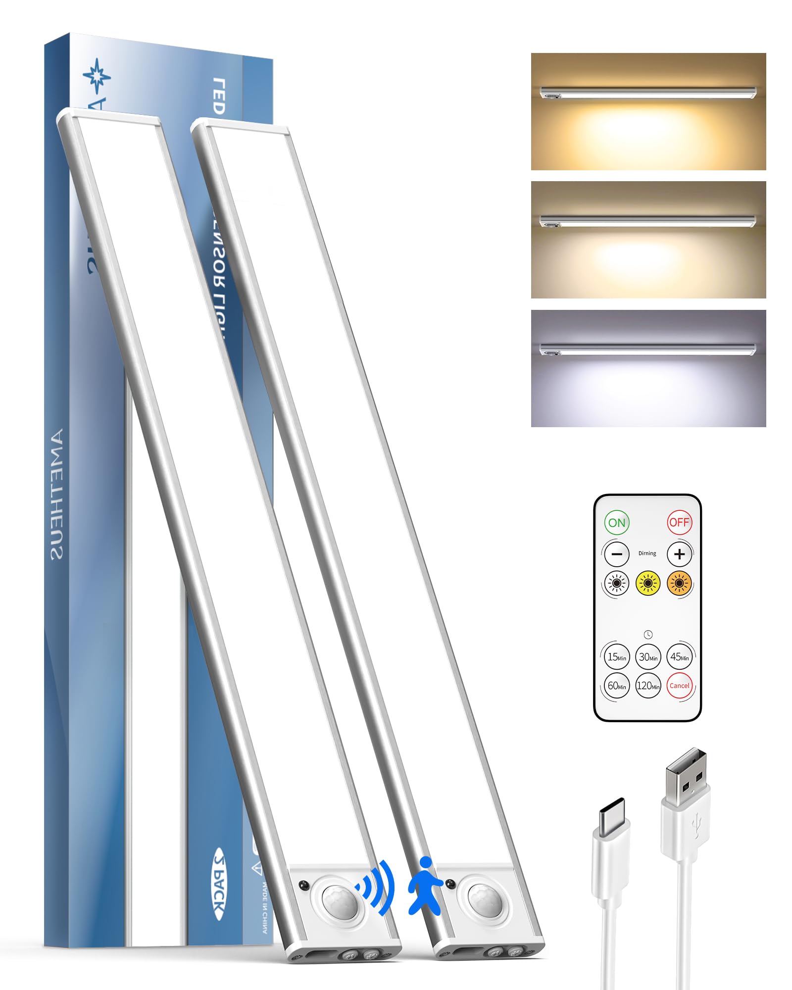 AMETHEUS under-cabinet light with motion sensor for hands-free workspace illumination.