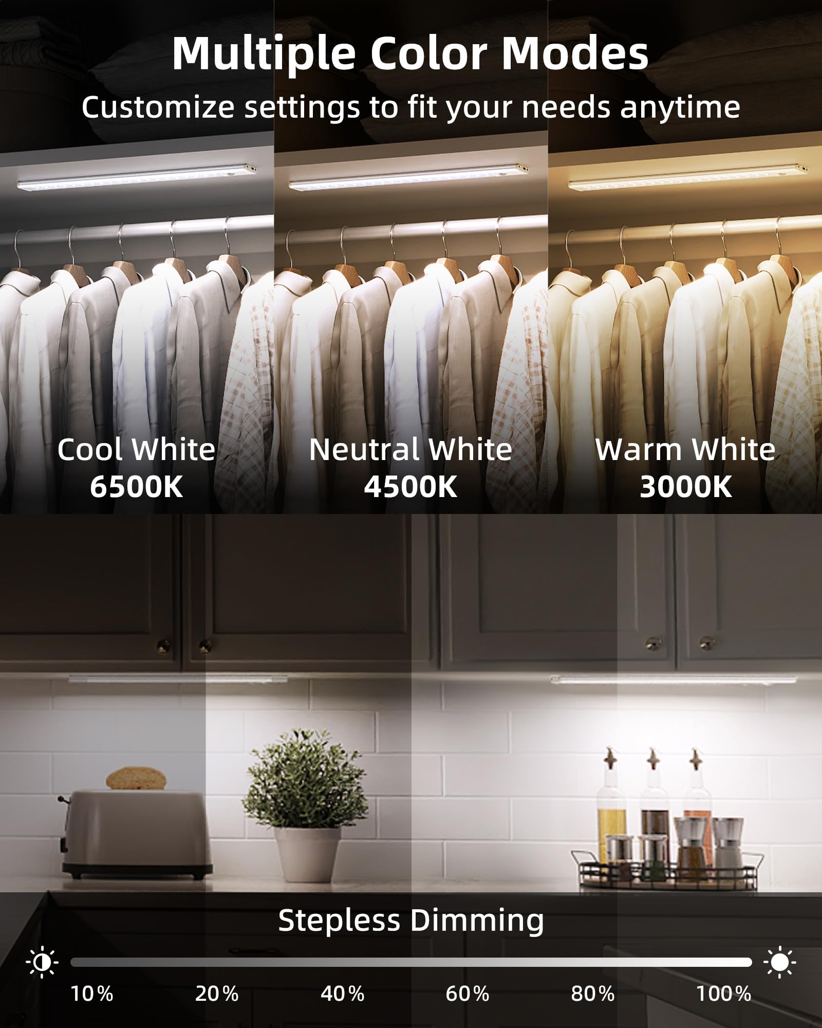 AMETHEUS Under Cabinet Lights with stepless dimming for adjustable brightness.