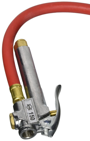 Amflo 150E-RET inflator with 12-inch hose and air chuck for easy access.