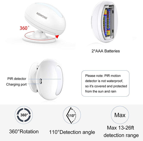 AMHEY motion sensor detection range illustration highlights 1000 ft coverage.