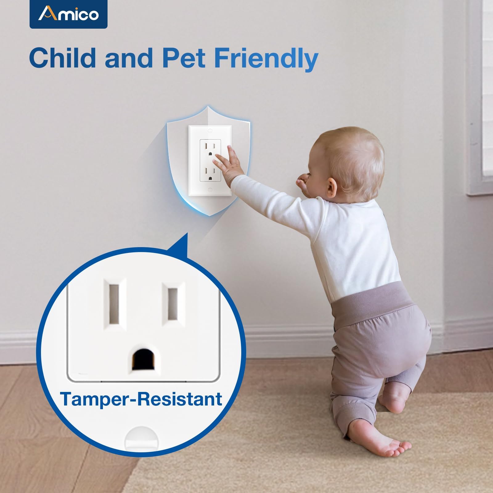 Amico 100 Pack 15 Amp Outlet front plate included for quick setup.