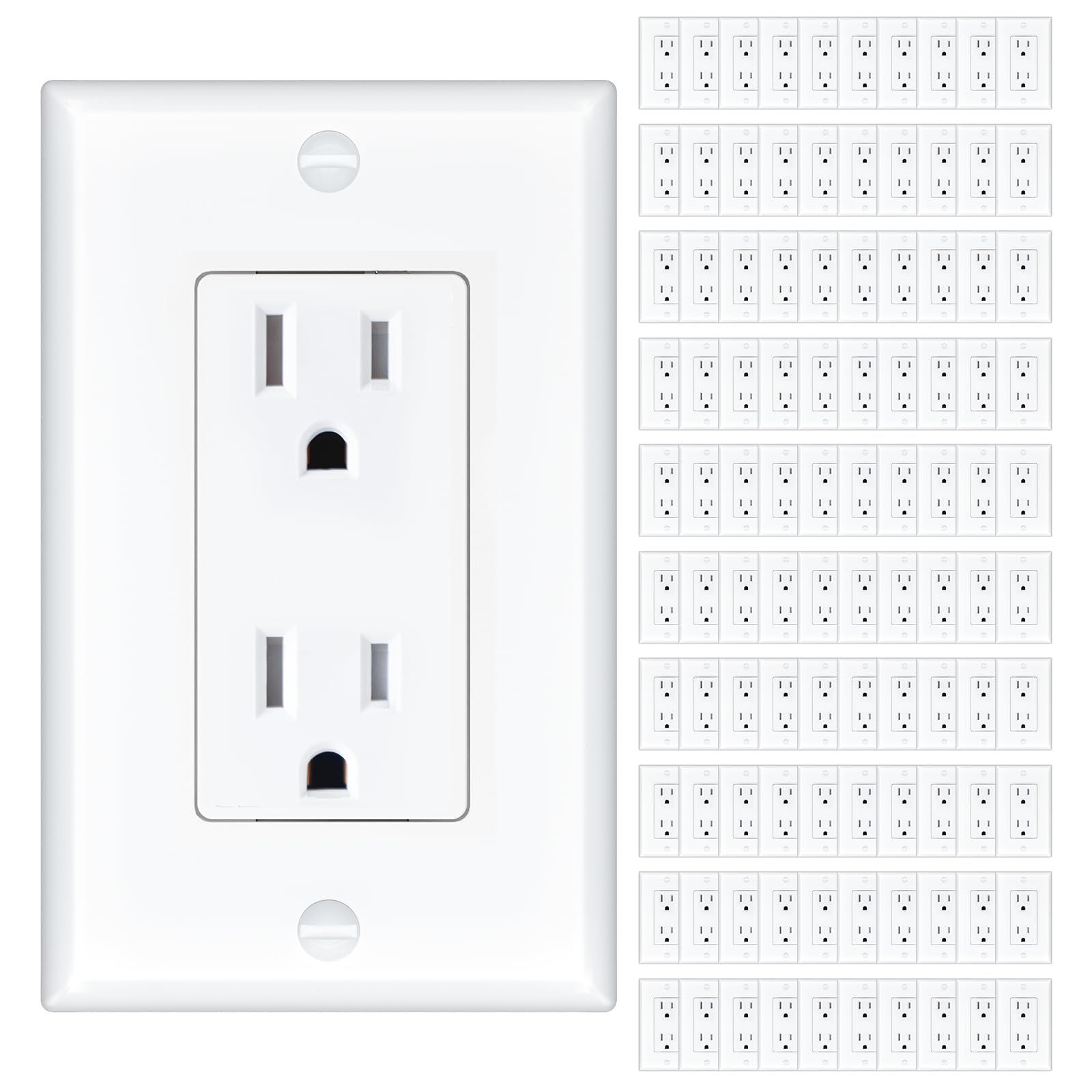 Amico 100 Pack 15 Amp Outlet front view showing tamper-resistant design for safety.