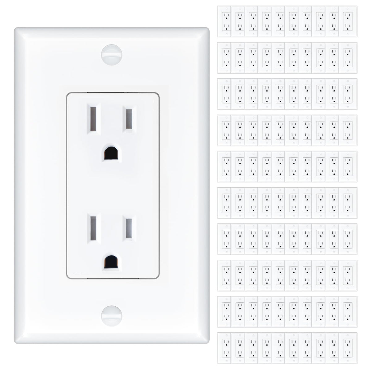 Amico 100 Pack 15 Amp Outlet front view showing tamper-resistant design for safety.