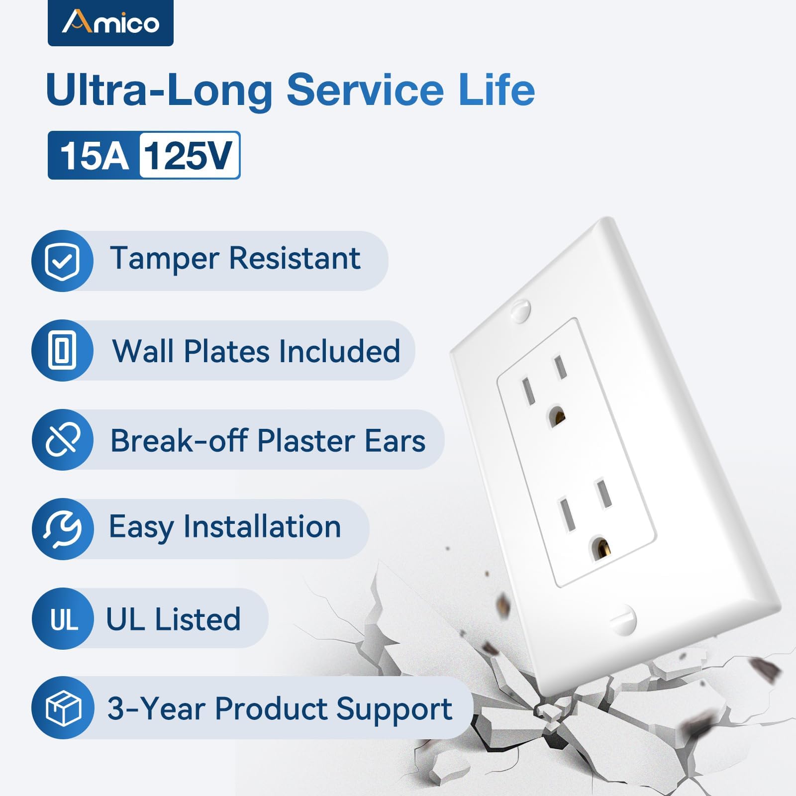 Amico 100 Pack 15 Amp Outlet side view highlighting slim profile for tight spaces.