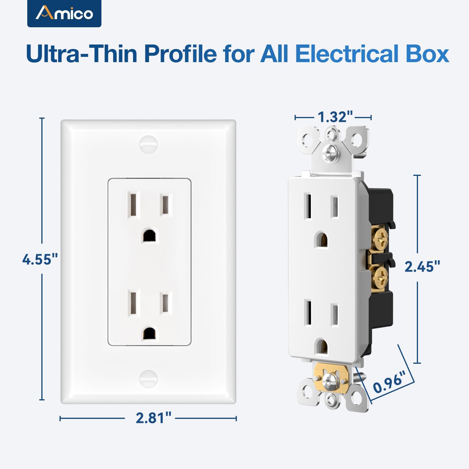 Amico 100 Pack 15 Amp Outlet white finish blends with decor.