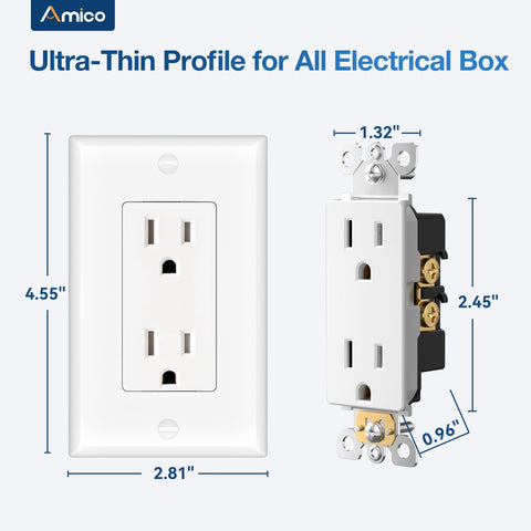 Amico 100 Pack 15 Amp Outlet white finish blends with decor.