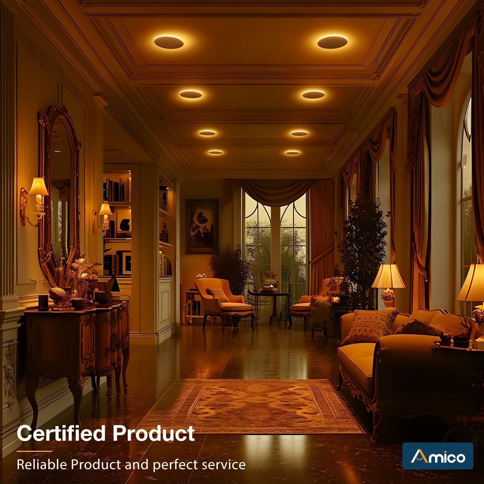 Amico 1100 lumen 12W LED downlight brightening living spaces.