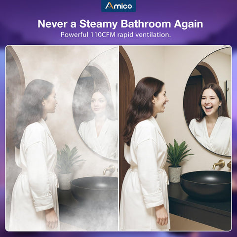 Amico 110 CFM quiet ventilation reduces steam with little noise.