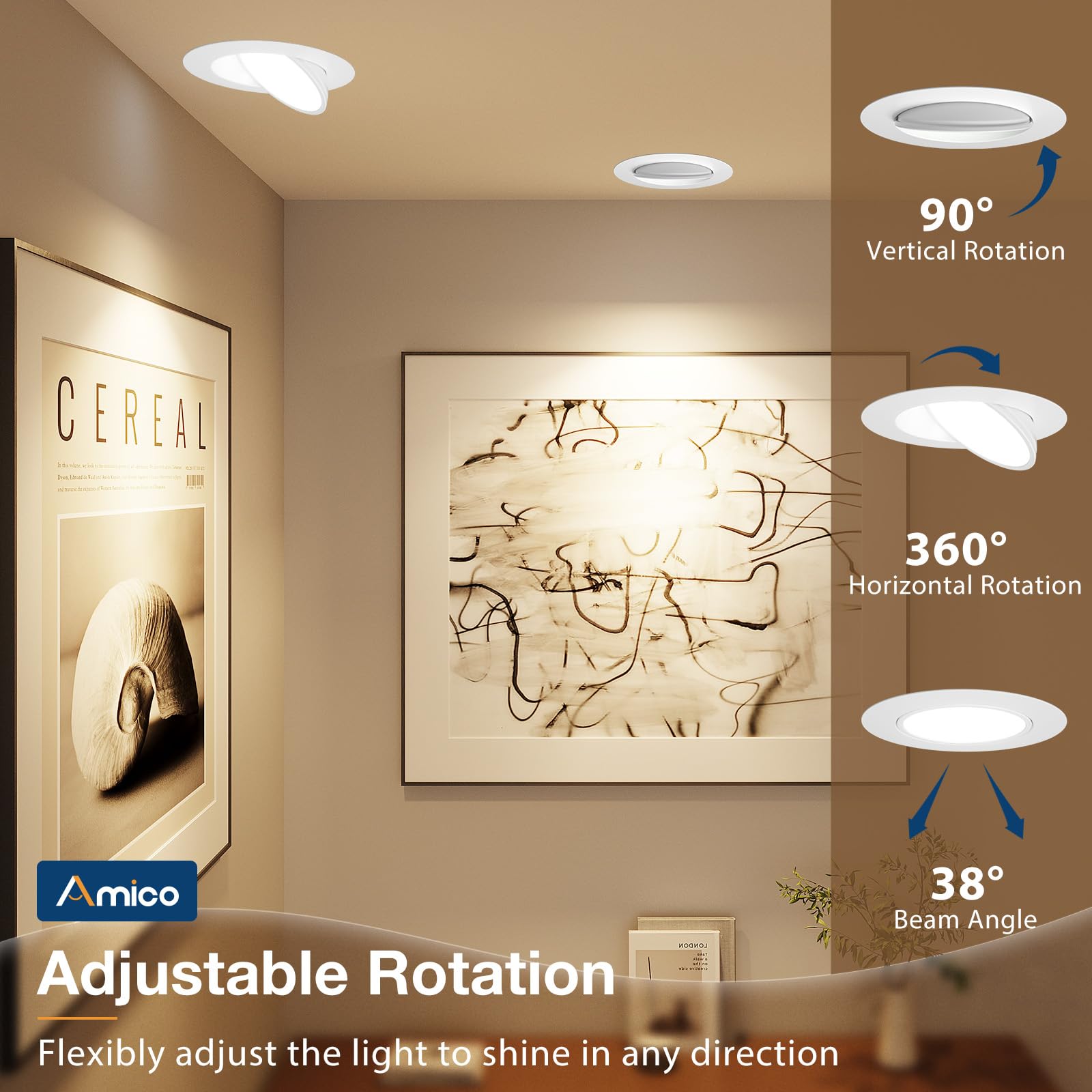 Amico 6-inch gimbal recessed light with 90° tilt for artwork and task lighting.