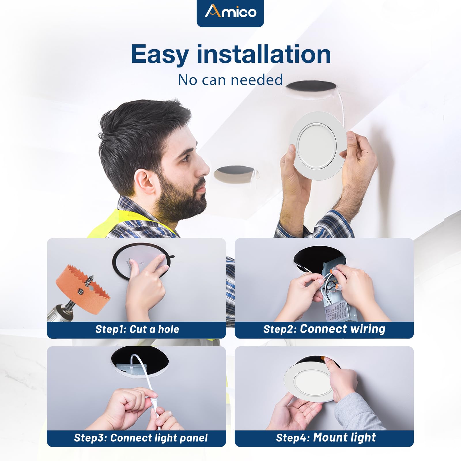 Amico easy-install gimbal light with jbox for versatile ceiling applications.