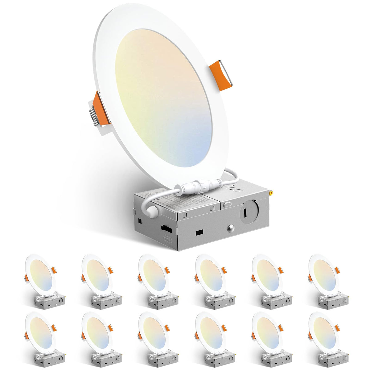 Amico 6-inch ultra-thin downlight with J-box demonstrates 5CCT switching for adaptable room lighting.