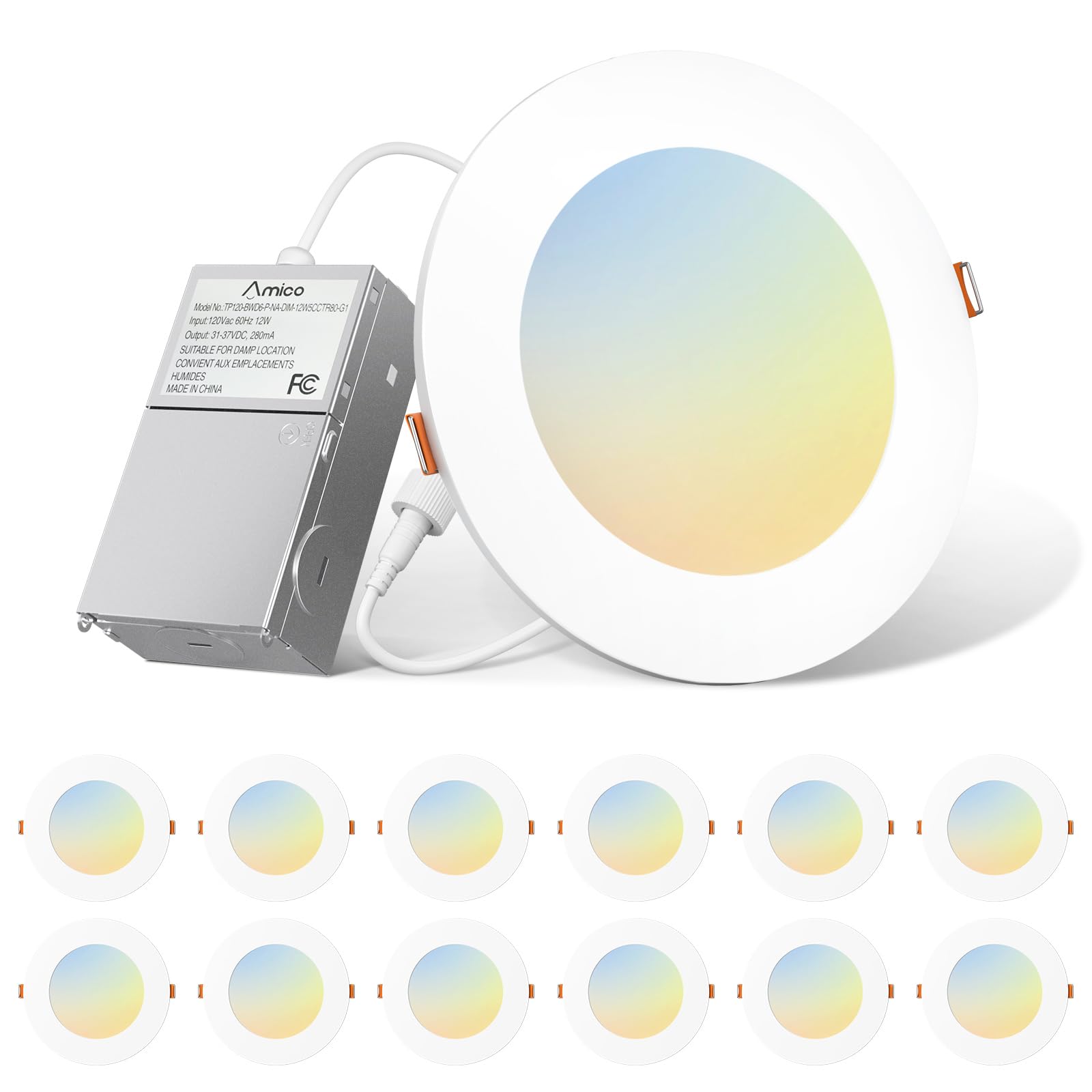 Amico 12-pack 6-inch LED downlights with adjustable color temperature for customizable ambience